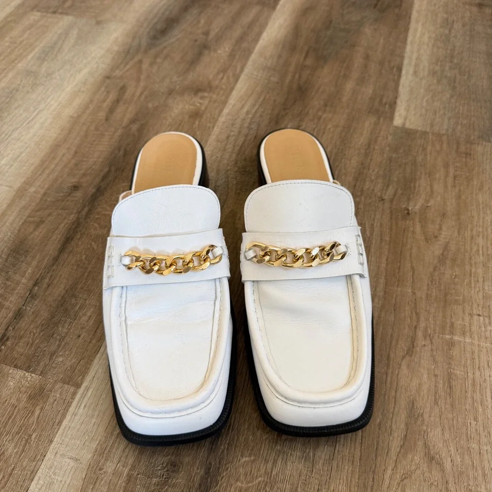 Maeve Anthropologie White Leather Chain Mule Loafers Square Toe Slides 40 US 9 - Picture 2 of 8